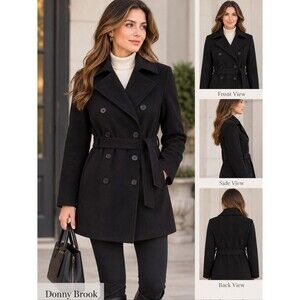EUC 100% wool Donnybrook women's black double breast belted pea coat wrapcoat 10